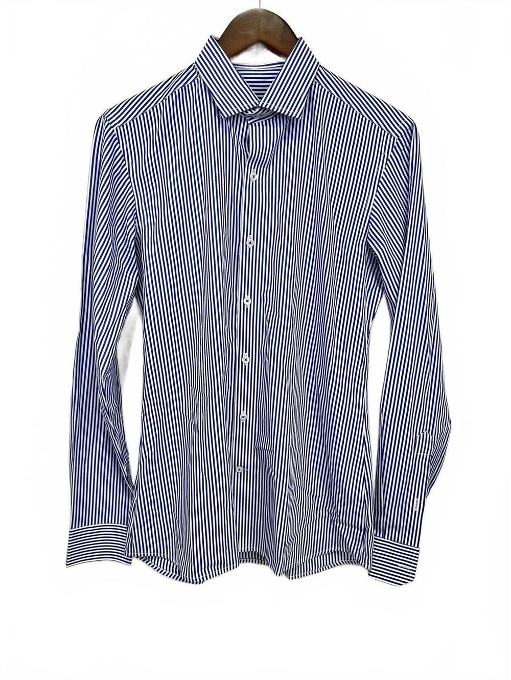 Nirmal Mandoth 38S Blue and White Striped Dress Shirt Couture Designer India